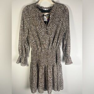 Dex Mini Dress Leopard Print Brown Cinched/Ruched Waist Long Sleeve Size XS NWT